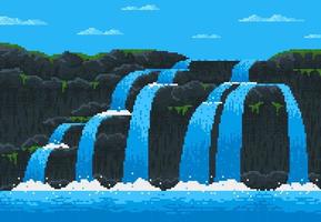 Nivel de paisaje de cascada de juego de píxeles de 8 bits vector