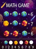 Math game worksheet with cartoon planets, comets vector