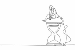 Continuous one line drawing businesswoman jump over or passing hourglass. Business scheduling and time management concept. Deadline or working time efficiency. Single line design vector illustration