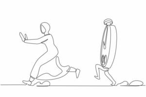 Continuous one line drawing fright Arab business woman being chased by stopwatch. Female manager afraid in project measurement. Minimalist metaphor. Single line draw design vector graphic illustration