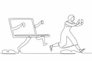 Single continuous line drawing fright Arab business woman being chased by laptop. Female employee in deadlines of project tasks. Minimalism metaphor concept. One line draw design vector illustration