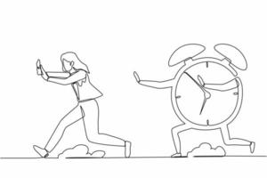 Single one line drawing scared businesswoman being chased by alarm clock. Female worker running out of working time. Deadline project. Minimal metaphor. Continuous line draw design vector illustration