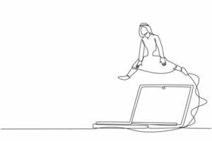 un solo hombre de negocios árabe de dibujo de una línea saltando sobre una gran computadora portátil. transformación de la tecnología digital. computación de datos del sistema para la eficiencia de trabajo. ilustración de vector gráfico de diseño de línea continua