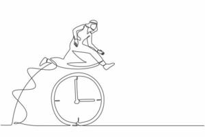 Continuous one line drawing Arab businessman employee worker jump over time passing clock. Daily time management of office worker. Success in work strategy. Single line draw design vector illustration