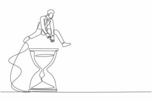 Continuous one line drawing businessman jump over or passing hourglass. Time management meeting in office. Business deadline or working time efficiency. Single line design vector graphic illustration