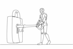 Continuous one line drawing robot putting big key into padlock. Business security, private property protection. Humanoid robot cybernetic organism. Single line draw design vector graphic illustration
