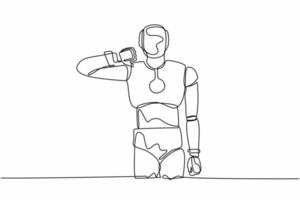 Continuous one line drawing robot standing with thumbs down sign gesture. Dislike, disagree, disappointment, disapprove, no deal. Humanoid robot cybernetic. Single line draw design vector illustration