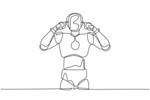 Continuous one line drawing robot standing with covering ears with fingers and annoyed expression for noise of loud sound or music. Humanoid robot organism. Single line draw design vector illustration