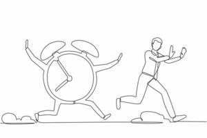 Single one line drawing stressed businessman being chased by clock. Running out of time. Deadline project. Minimal metaphor concept. Modern continuous line draw design graphic vector illustration