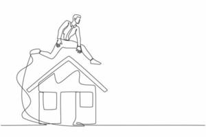 hombre de negocios de dibujo de una sola línea continua saltando sobre la casa. préstamo de vivienda o inversión inmobiliaria. contrato de hipoteca a banco. obligación de deuda. ilustración de vector de diseño gráfico de dibujo de una línea