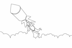 Single continuous line drawing businessman fly on fireworks rockets while looking at business opportunities. Excited motivated worker prepare for project launch. One line design vector illustration