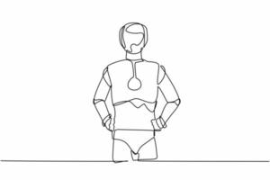 Continuous one line drawing robot standing and holding hand on hip. Confidence cyborg. Humanoid robot cybernetic organism. Future robotic development. Single line design vector graphic illustration