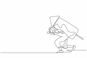 Single continuous line drawing Arab businessman with rocket on back stand on start ready for business race. Employee prepare to start running with ignite firework. One line design vector illustration