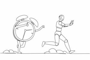 Single one line drawing stressed robot being chased by alarm clock. Hurry in deadline project. Running out of working time. Technology development. Continuous line graphic design vector illustration