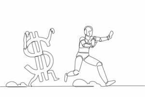 Continuous one line drawing stressed robot being chased by dollar symbol. Afraid with economic or financial crisis. Humanoid robot cybernetic organism. Single line design vector graphic illustration