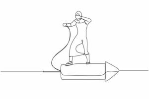 Continuous one line drawing Arab businesswoman standing on firework rocket, trying to set it on fire to growth career track. Agility motivation for success. Single line draw design vector illustration