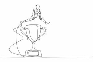 Continuous one line drawing robot jumping over big trophy. Challenge or succeed in business competition. Humanoid robot cybernetic organism. Future robotic. Single line draw design vector illustration