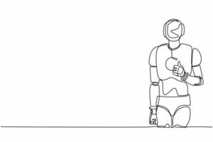 Continuous one line drawing robot standing with thumbs up gesture. Deal, like, agree, approve, accept. Humanoid cybernetic organism. Future robotic. Single line draw design vector graphic illustration