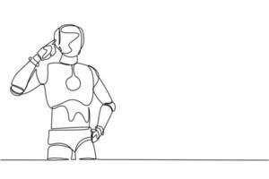 Single one line drawing robot standing with pointing his head, thinking something. Feeling optimistic, visionary. Future technology development. Continuous line draw design graphic vector illustration