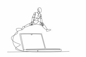 Single one line drawing robot jumping over big laptop computer. Office system information technology digital. Future technology artificial intelligence. Continuous line draw design vector illustration