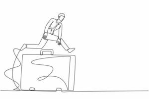 Continuous one line drawing businessman jumping over big briefcase. Success to win in business competition, overcome obstacles to solve problem. Single line draw design vector graphic illustration