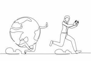 Single one line drawing scared businesswoman being chased by globe. Female worker chased by international project agenda, cooperation, teamwork. Continuous line draw design graphic vector illustration