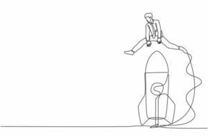 Single continuous line drawing businessman jumping over big rocket. Successful startup launch preparation. Space rocket flies up. New business project. One line draw graphic design vector illustration