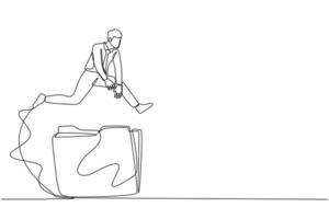 Continuous one line drawing businessman jumping over big folder icon. Office paper document and file folders. Analysing and researching creative process. Single line design vector graphic illustration