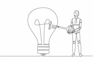 Single one line drawing robot put big key into light bulb. Unlock innovation on business idea. Future technology development. Artificial intelligence. Continuous line draw design vector illustration