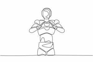 Continuous one line drawing robot standing with making love sign, heart symbol in front of chest. Humanoid cybernetic organism. Future robotic development. Single line draw design vector illustration