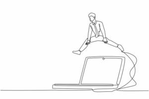 Single continuous line drawing businessman jumping over big laptop computer. Information technology digital at office. System data computing for working efficiency. One line design vector illustration