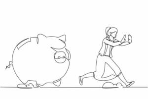 Single one line drawing scared businesswoman being chased by piggy bank. Female manager in financial crisis, economic disaster. Minimal metaphor. Continuous line design graphic vector illustration