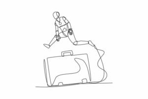 Continuous one line drawing robot jump over big briefcase. Professional suitcase diplomat, store financial information. Humanoid robot cybernetic organism. Single line draw design vector illustration