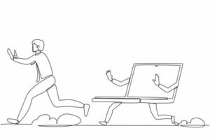 Continuous one line drawing stressed businessman being chased by laptop. Male employee in office who has deadlines and tasks that are constantly. Single line draw design vector graphic illustration