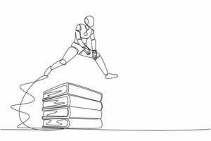 Single one line drawing robot jumping over pile of big binders. Stack of paper work document. Information classification. Future technology development. Continuous line draw design vector illustration