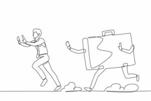 Single one line drawing stressed businessman being chased by briefcase. Chased by high performance active work or project. Minimal metaphor concept. Continuous line design graphic vector illustration