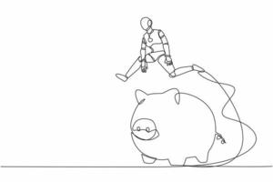 Continuous one line drawing robot jumping over piggy bank. Security of money storage, saving for investment. Humanoid robotic cybernetic organism. Single line draw design vector graphic illustration