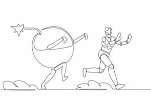 Single one line drawing stressed robot being chased by bomb. Afraid with ecosystem destruction. Future technology development. Artificial intelligence. Continuous line draw design vector illustration
