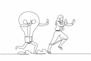 Single continuous line drawing scared businesswoman being chased by light bulb. Female manager losing business idea, inspiration, innovation. Minimalism metaphor. One line design vector illustration