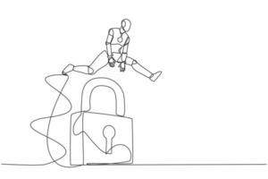 Single continuous line drawing robot jumping big padlock. Business protection security. Success business key accessibility. Robotic artificial intelligence. One line draw design vector illustration