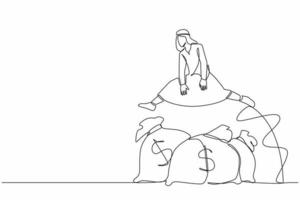 Single continuous line drawing Arab businessman jump over money bag. Wealth and successful business person. Business loan or funding to start company. One line draw graphic design vector illustration