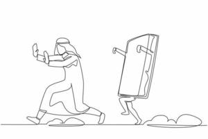 Continuous one line drawing unhappy Arab businessman being chased by book. Office worker difficult to get higher education to pursue career growth. Single line draw design vector graphic illustration