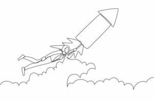 Single one line drawing businesswoman fly on firework rocket while looking at business opportunities. Excited employee searching for project innovation. Continuous line draw design vector illustration