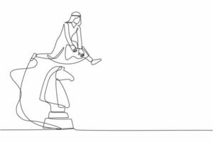 Single continuous line drawing Arab businessman jumping over big chess knight. Strategic intelligence in business movement. Tactic strategy thinking. One line draw graphic design vector illustration