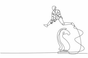 Continuous one line drawing robot jumping over chess horse knight. Brain intelligence sport, tactical movement idea. Future robotic cybernetic development. Single line draw design vector illustration