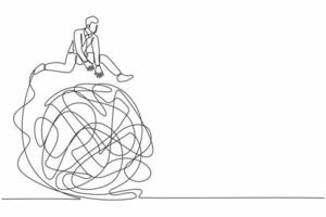 Continuous one line drawing businessman jumping over tangled scribble. Solution looking for complicated problem. Looking for ways to success business. Single line design vector graphic illustration