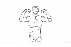 Single continuous line drawing robot standing with gestures two hand fist up. Strong humanoid robot cybernetic organism. Robotic artificial intelligence. One line graphic design vector illustration