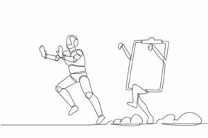 Single one line drawing stressed robot being chased by clipboard. Hurry in finishing checklist industry sheets document. Future technology development. Continuous line draw design vector illustration