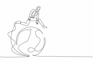 Single continuous line drawing businessman jumping over globe. Globalization and leadership. International partnership, cooperation and teamwork in business. One line draw design vector illustration