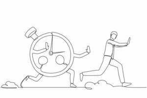 Single continuous line drawing stressed businessman being chased by stopwatch. Manager chased by measurement, time management, effective planning concept. One line graphic design vector illustration